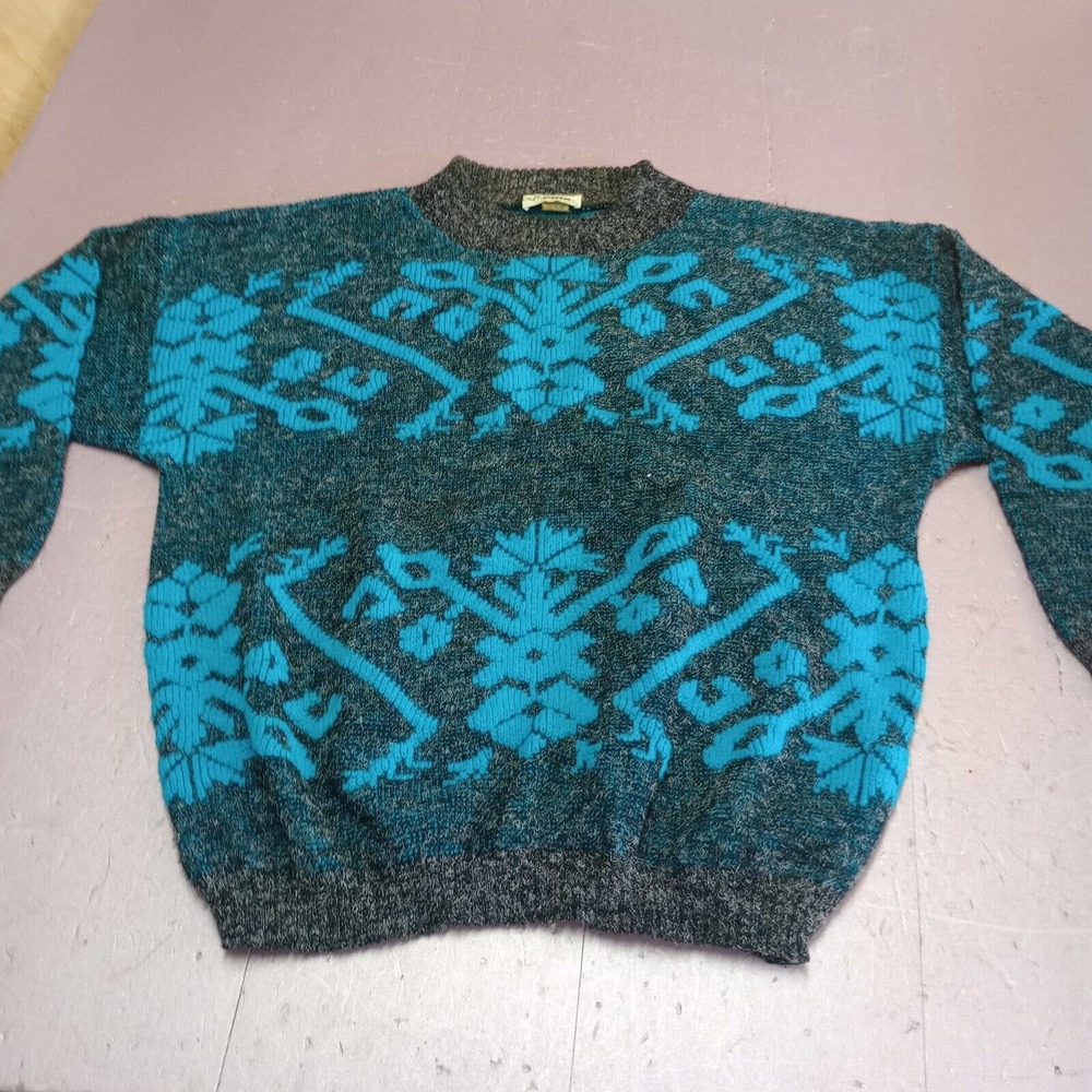Vintage‎ Jolie Sweater Women 20W Blue Floral Knit USA Made Crew Neck 80s 90s
